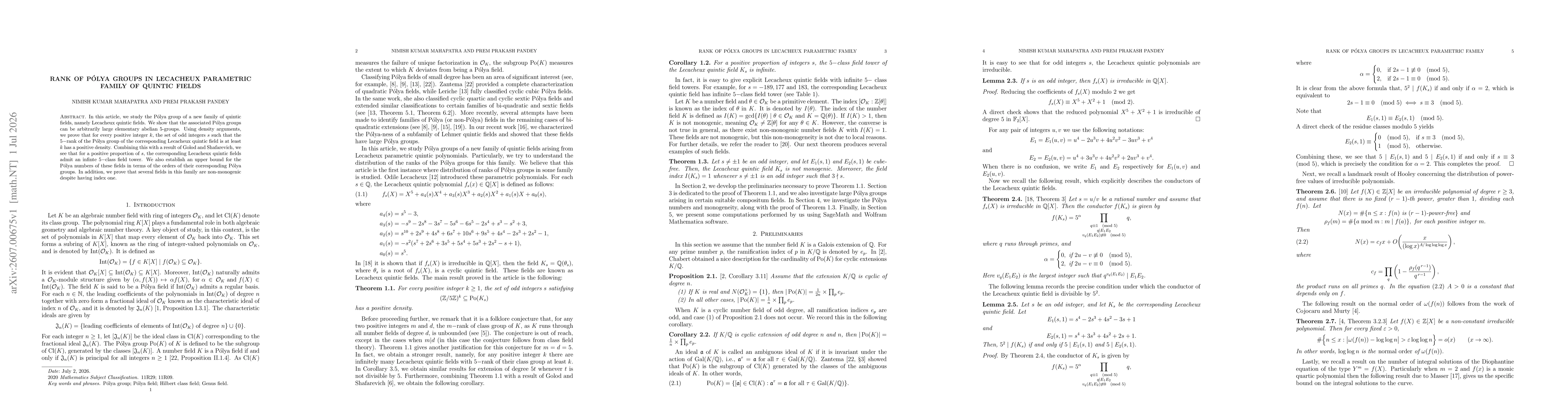 Thumbnail for Rank of Pólya Groups in Lecacheux Parametric Family of Quintic Fields