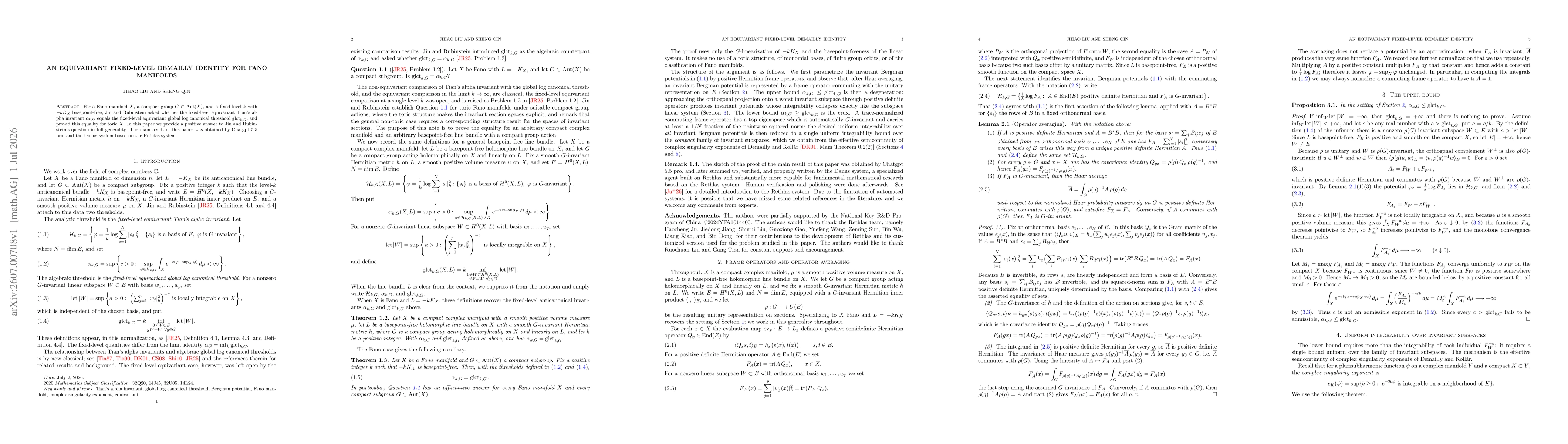 Thumbnail for An equivariant fixed-level Demailly identity for Fano manifolds