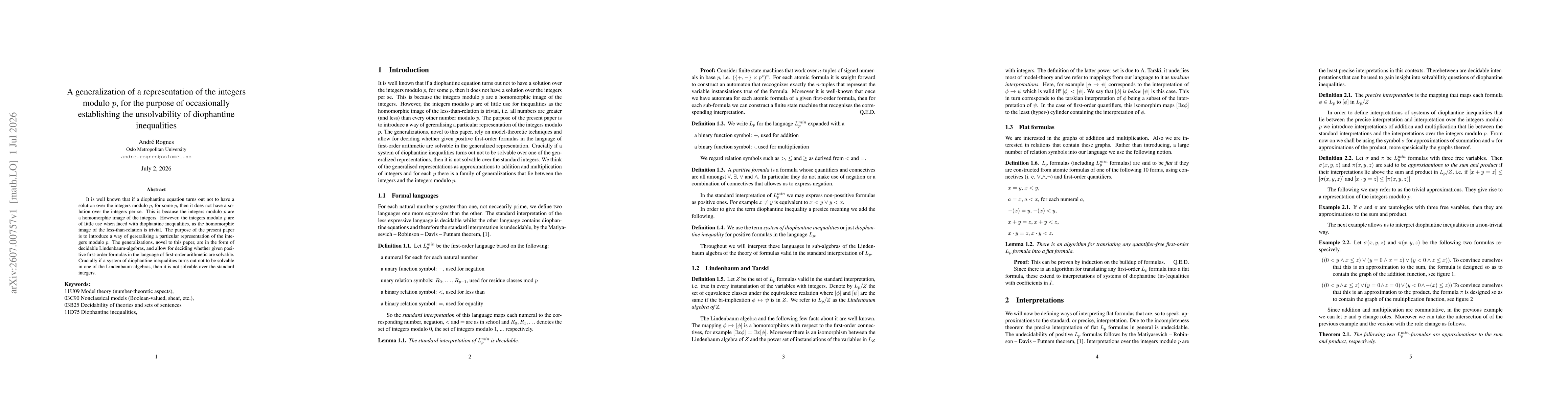 Thumbnail for A generalization of a representation of the integers modulo $p$, for the purpose of occasionally establishing the unsolvability of diophantine inequalities