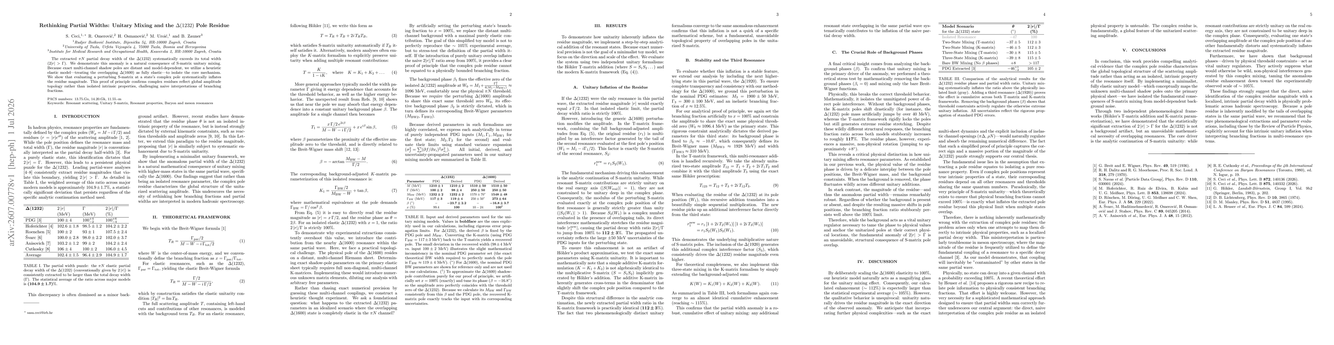 Thumbnail for Rethinking Partial Widths: Unitary Mixing and the $Δ(1232)$ Pole Residue