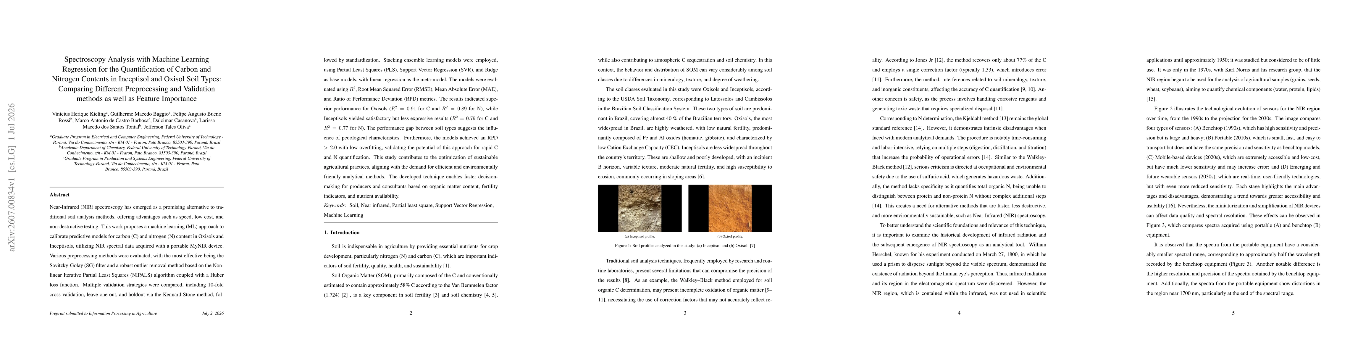 Thumbnail for Spectroscopy Analysis with Machine Learning Regression for the Quantification of Carbon and Nitrogen Contents in Inceptisol and Oxisol Soil Types: Comparing Different Preprocessing and Validation methods as well as Feature Importance