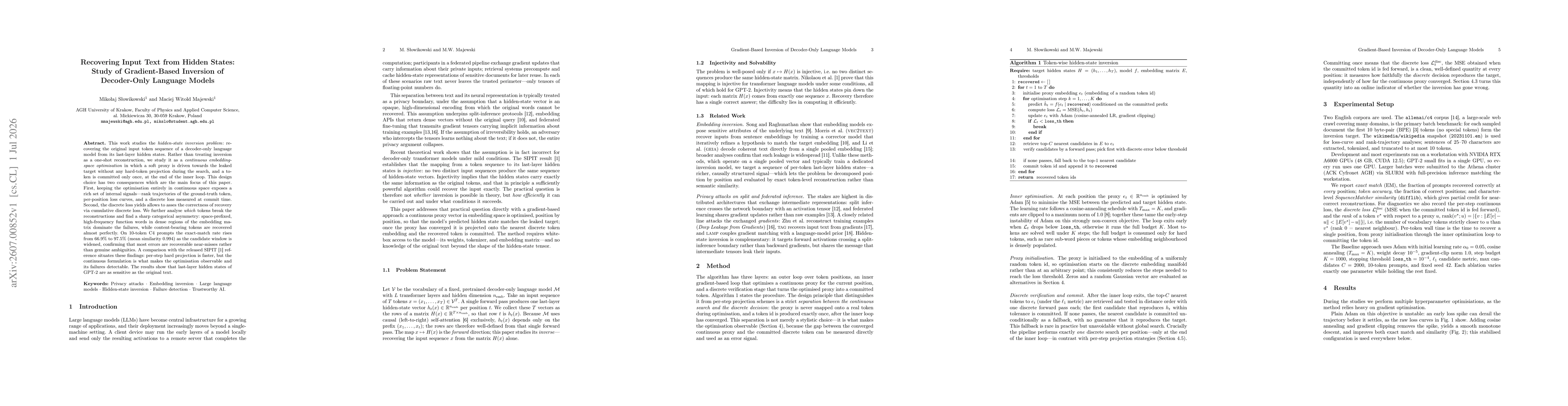 Thumbnail for Recovering Input Text from Hidden States: Study of Gradient-Based Inversion of Decoder-Only Language Models