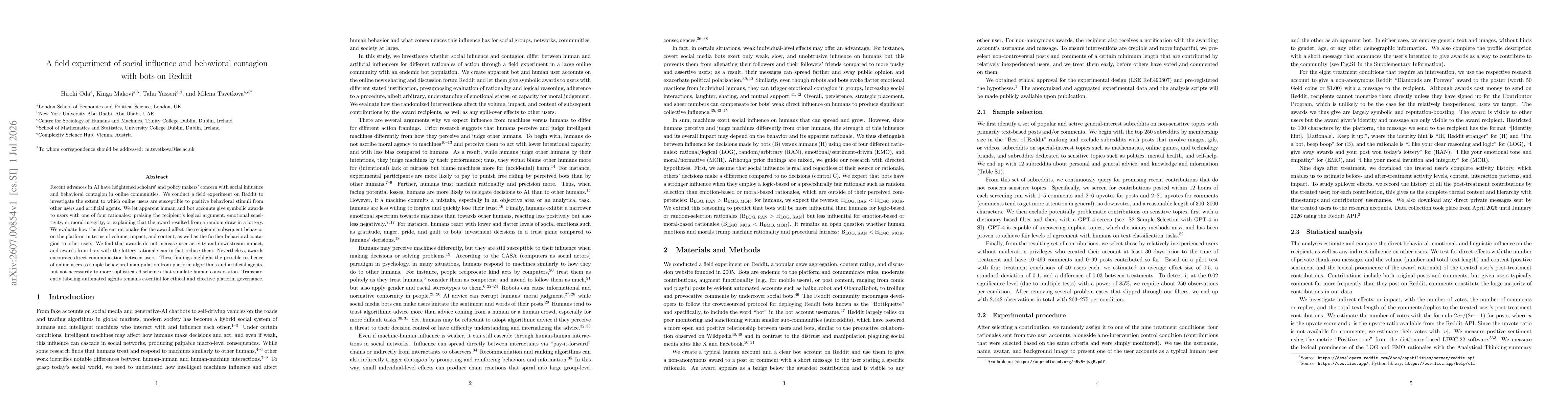 Thumbnail for A field experiment of social influence and behavioral contagion with bots on Reddit
