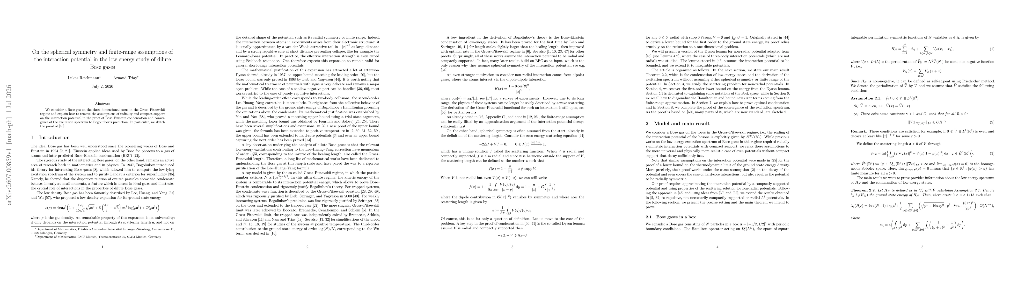 Thumbnail for On the spherical symmetry and finite-range assumptions of the interaction potential in the low energy study of dilute Bose gases