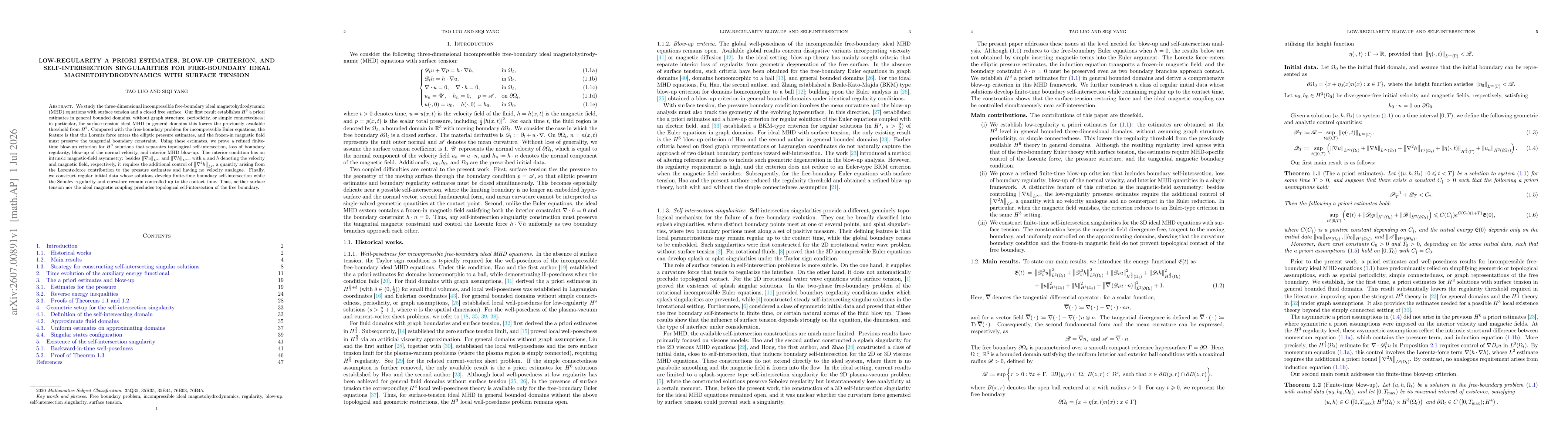 Thumbnail for Low-regularity a priori estimates, blow-up criterion, and self-intersection singularities for free-boundary ideal magnetohydrodynamics with surface tension