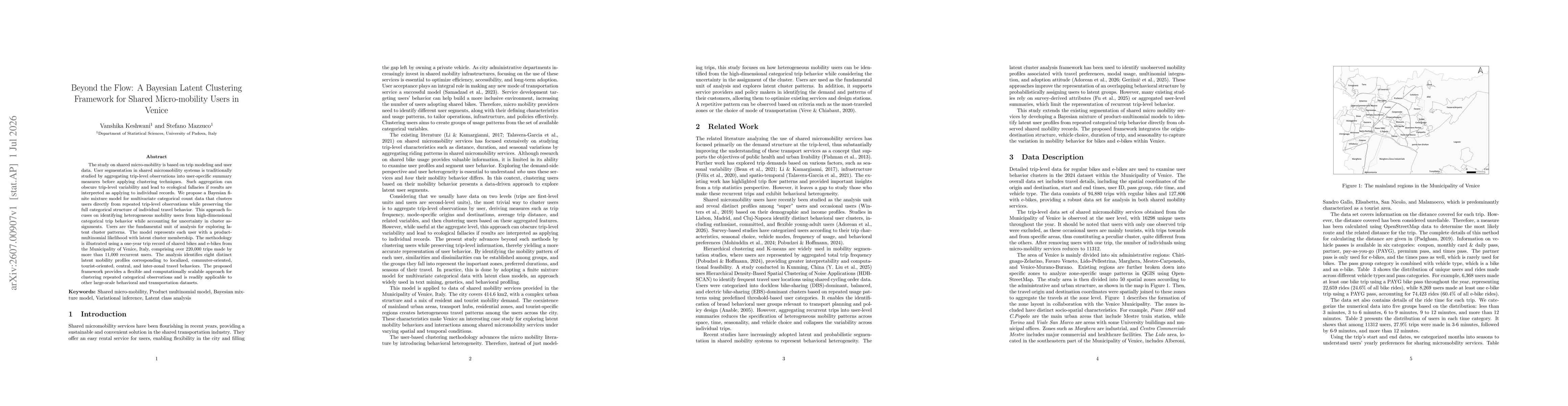 Thumbnail for Beyond the Flow: A Bayesian Latent Clustering Framework for Shared Micro-mobility Users in Venice