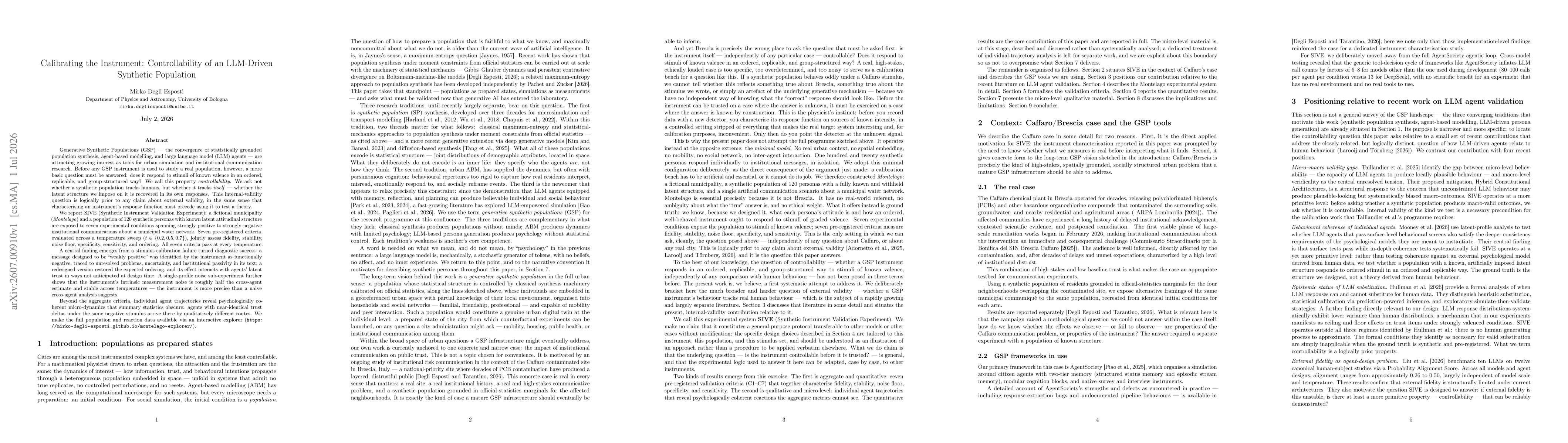 Thumbnail for Calibrating the Instrument: Controllability of an LLM-Driven Synthetic Population