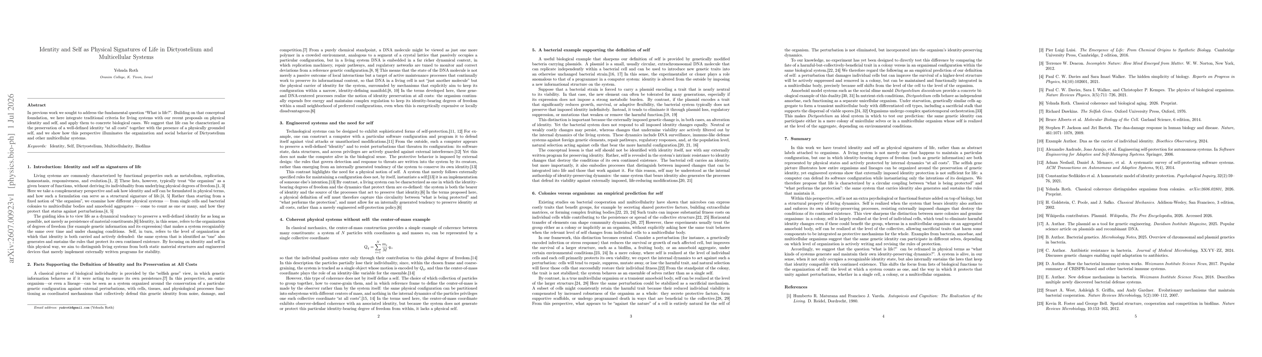 Thumbnail for Identity and Self as Physical Signatures of Life in Dictyostelium and Multicellular Systems
