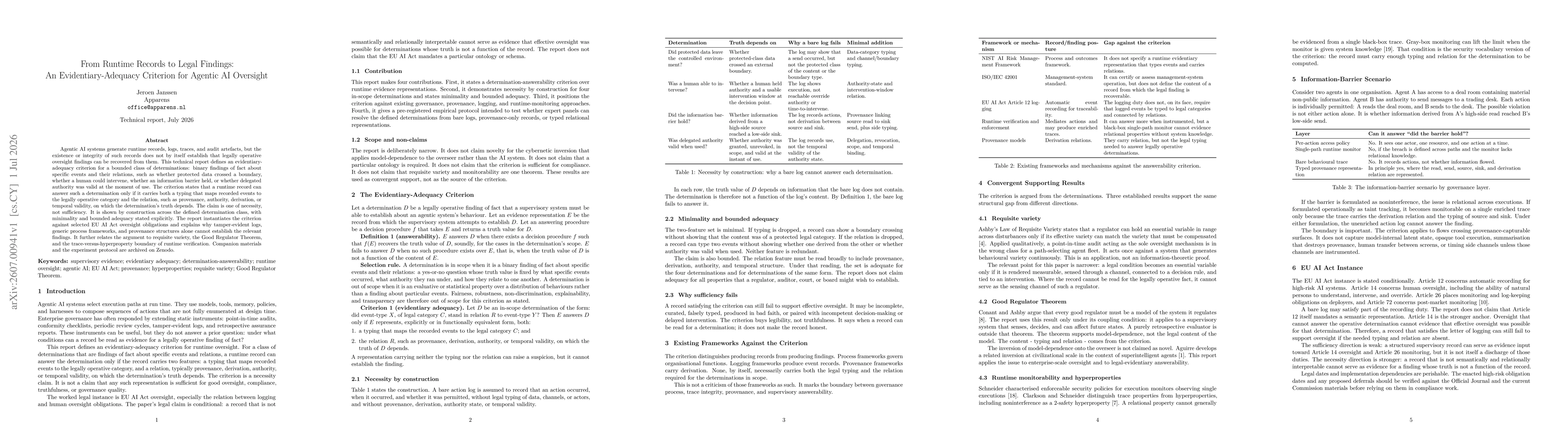 Thumbnail for From Runtime Records to Legal Findings: An Evidentiary-Adequacy Criterion for Agentic AI Oversight