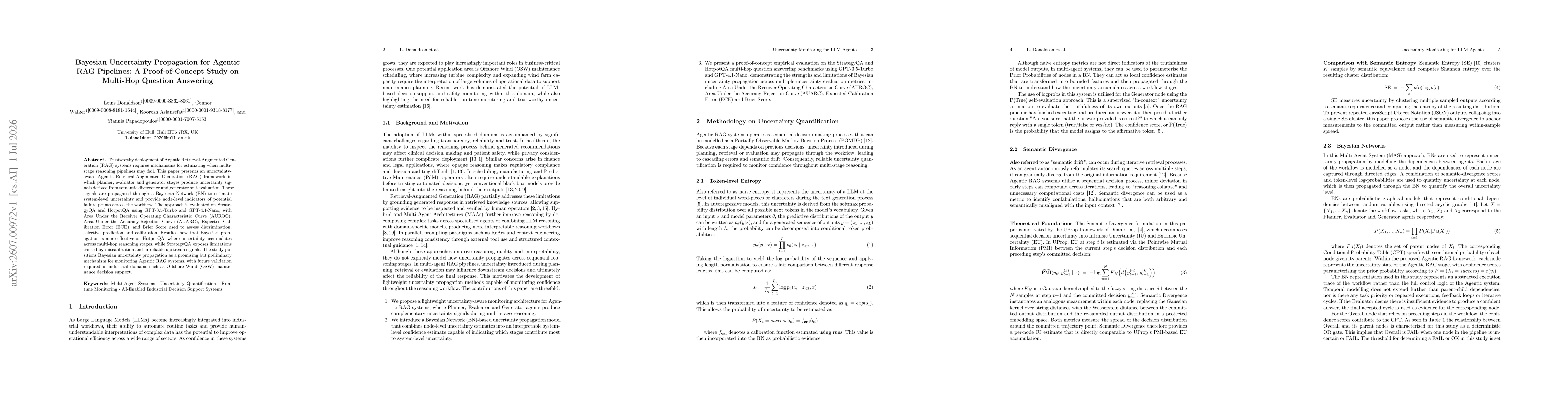 Thumbnail for Bayesian Uncertainty Propagation for Agentic RAG Pipelines: A Proof-of-Concept Study on Multi-Hop Question Answering