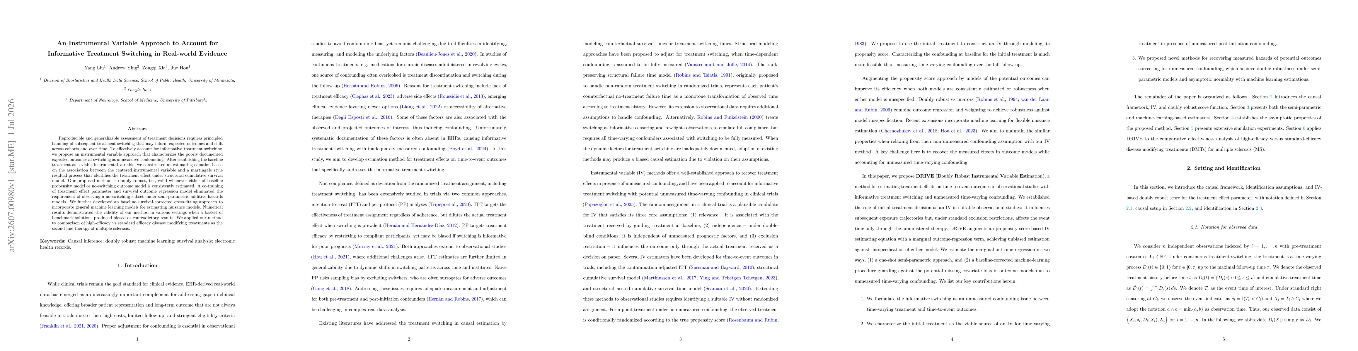 Thumbnail for An Instrumental Variable Approach to Account for Informative Treatment Switching in Real-world Evidence