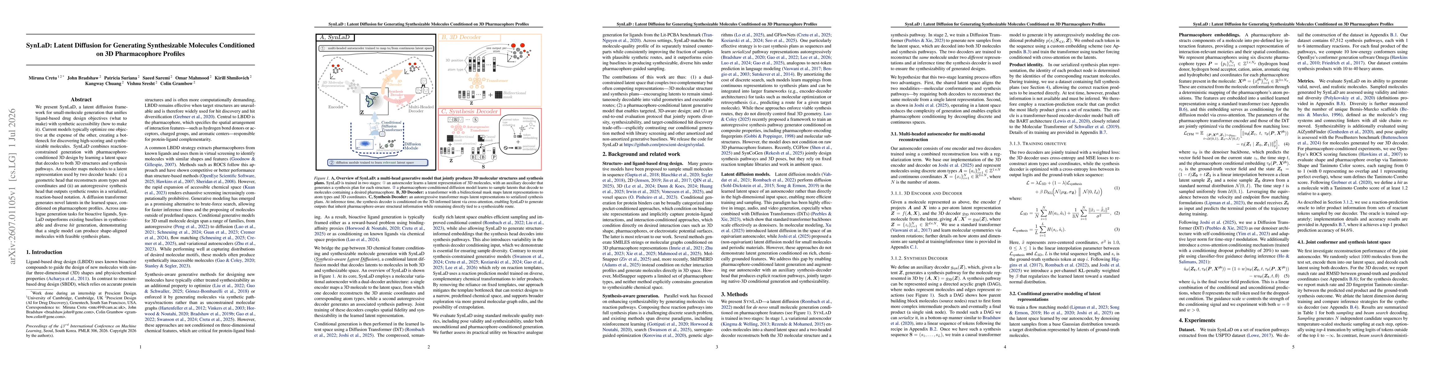 Thumbnail for SynLaD: Latent Diffusion for Generating Synthesizable Molecules Conditioned on 3D Pharmacophore Profiles