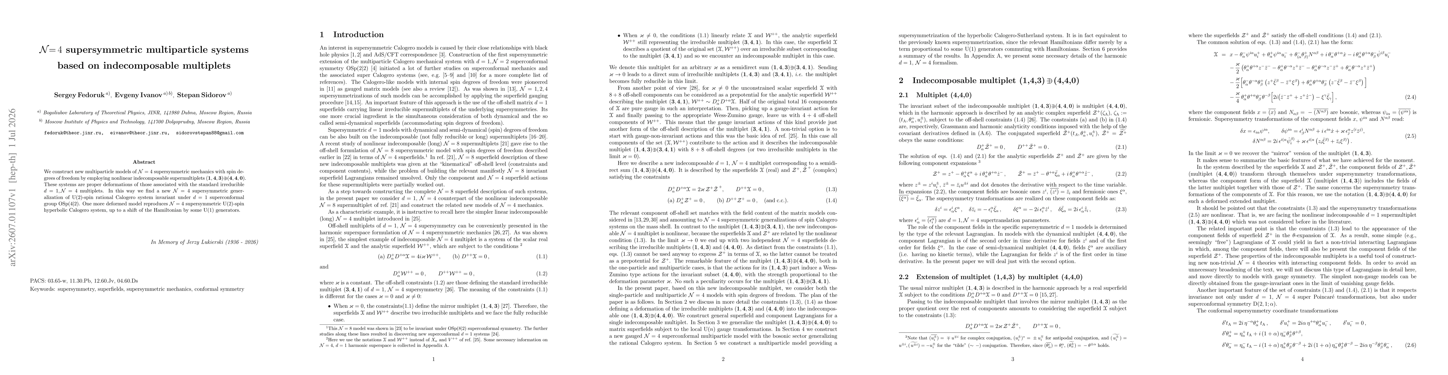 Thumbnail for ${\cal N}{=}\,4$ supersymmetric multiparticle systems based on indecomposable multiplets
