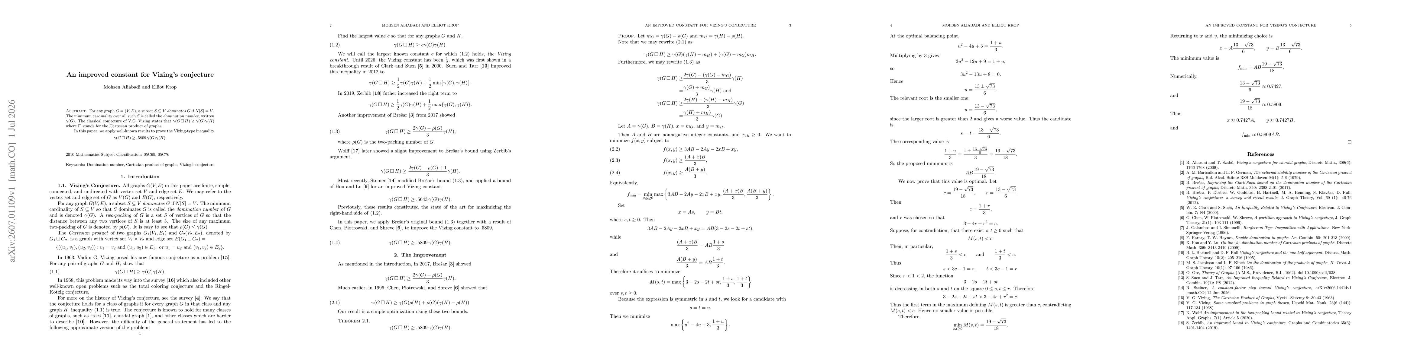 Thumbnail for An improved constant for Vizing's conjecture