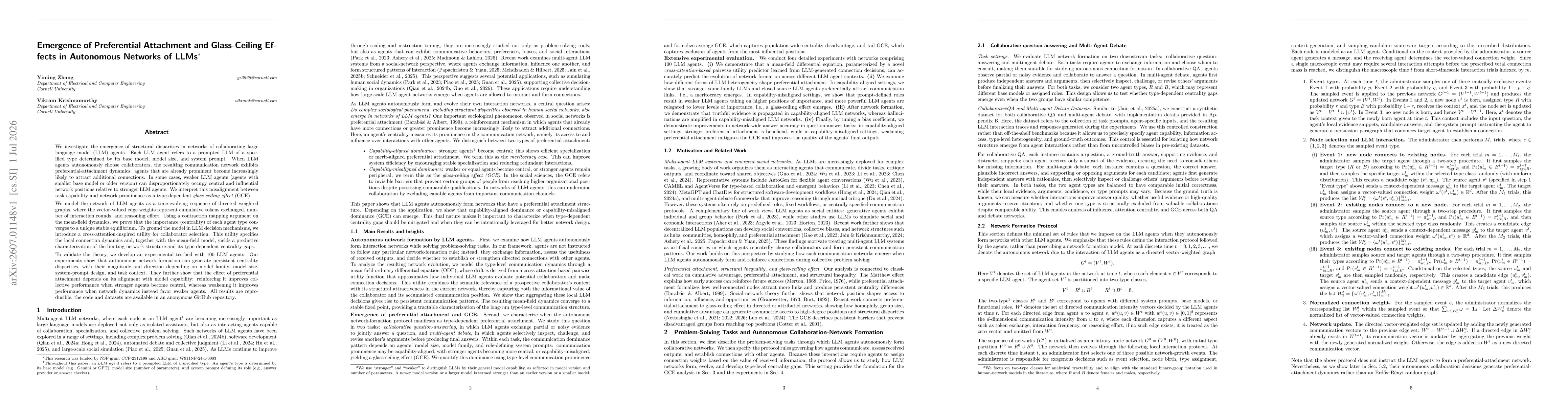 Thumbnail for Emergence of Preferential Attachment and Glass-Ceiling Effects in Autonomous Networks of LLMs