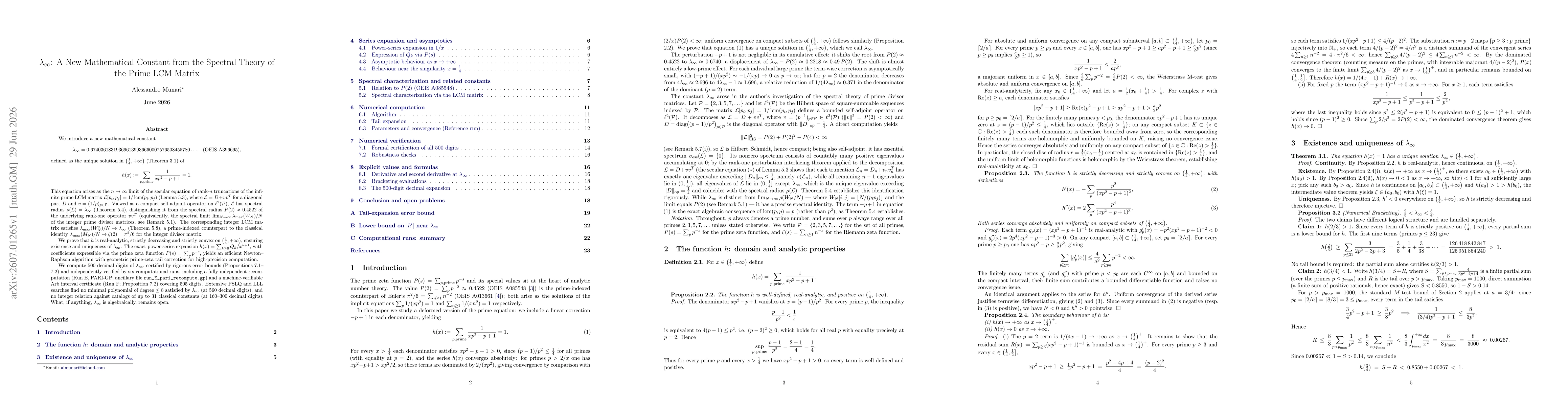 Thumbnail for $λ_\infty$: A New Mathematical Constant from the Spectral Theory of the Prime LCM Matrix