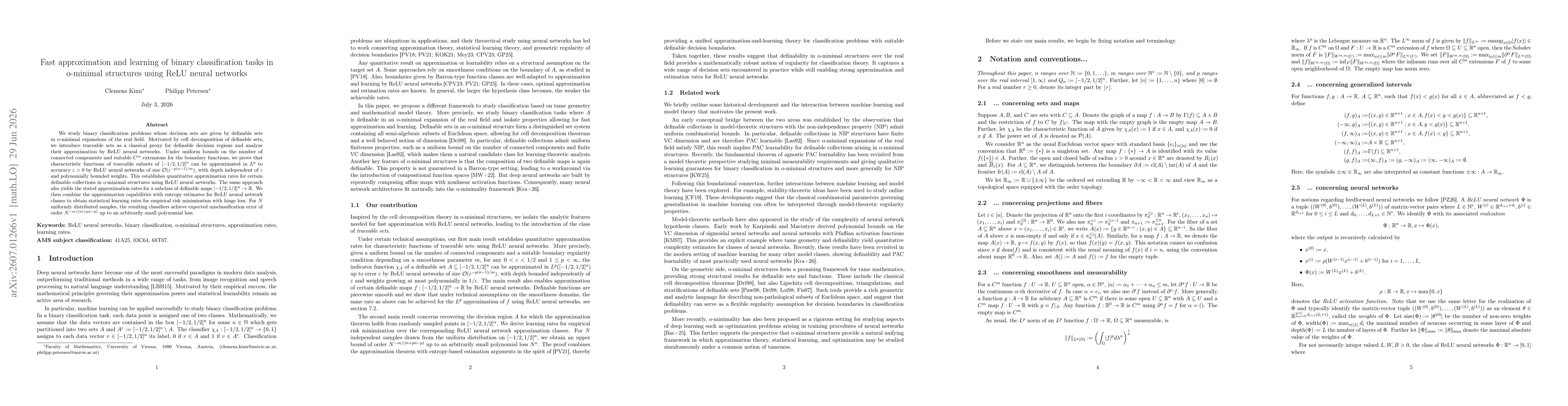 Thumbnail for Fast approximation and learning of binary classification tasks in o-minimal structures using ReLU neural networks