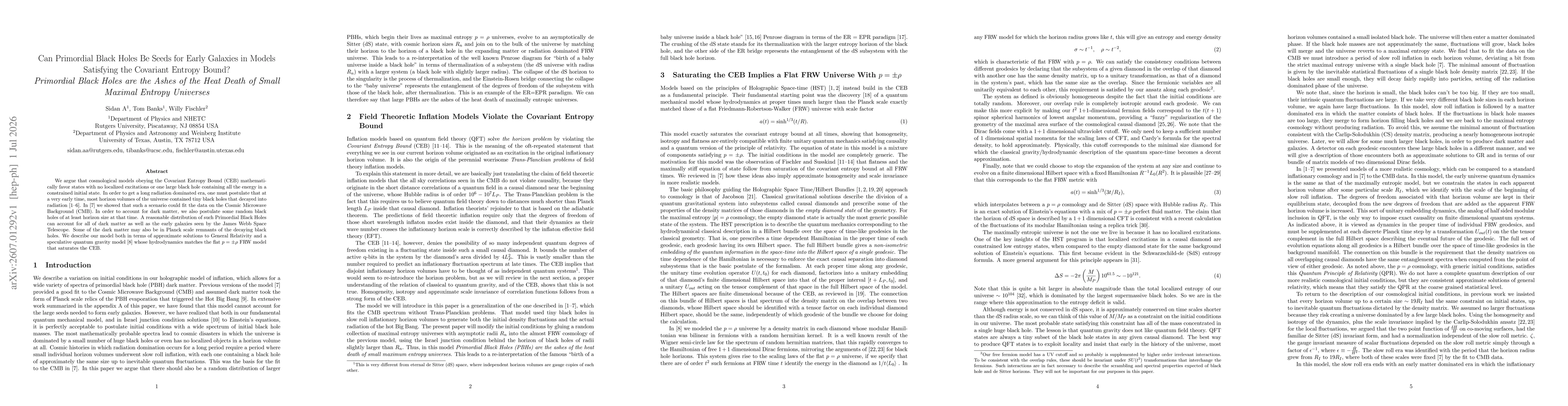 Thumbnail for Can Primordial Black Holes Be Seeds for Early Galaxies in Models Satisfying the Covariant Entropy Bound?