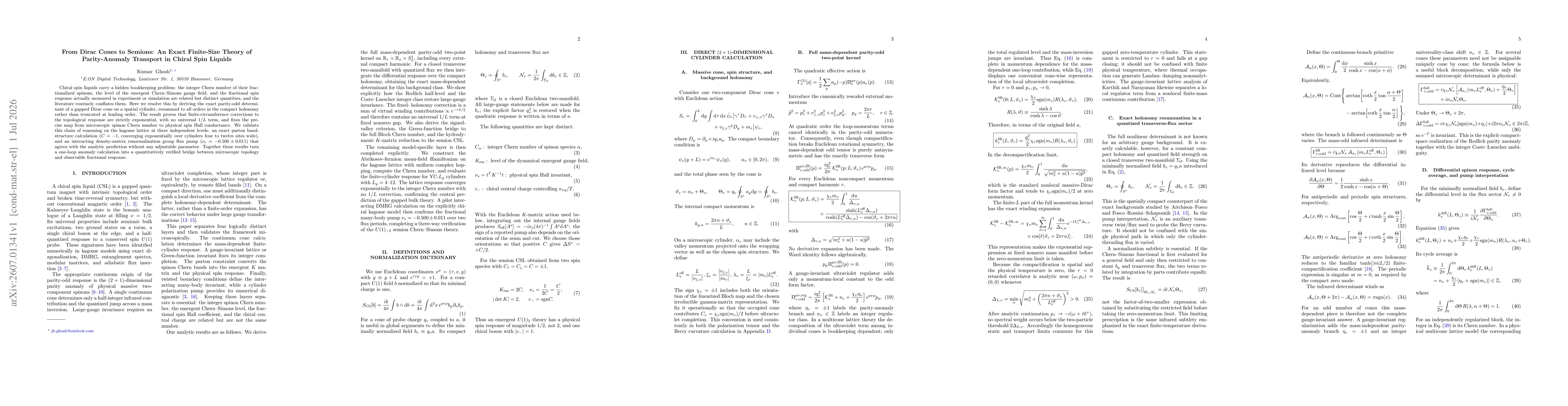 Thumbnail for From Dirac Cones to Semions: An Exact Finite-Size Theory of Parity-Anomaly Transport in Chiral Spin Liquids