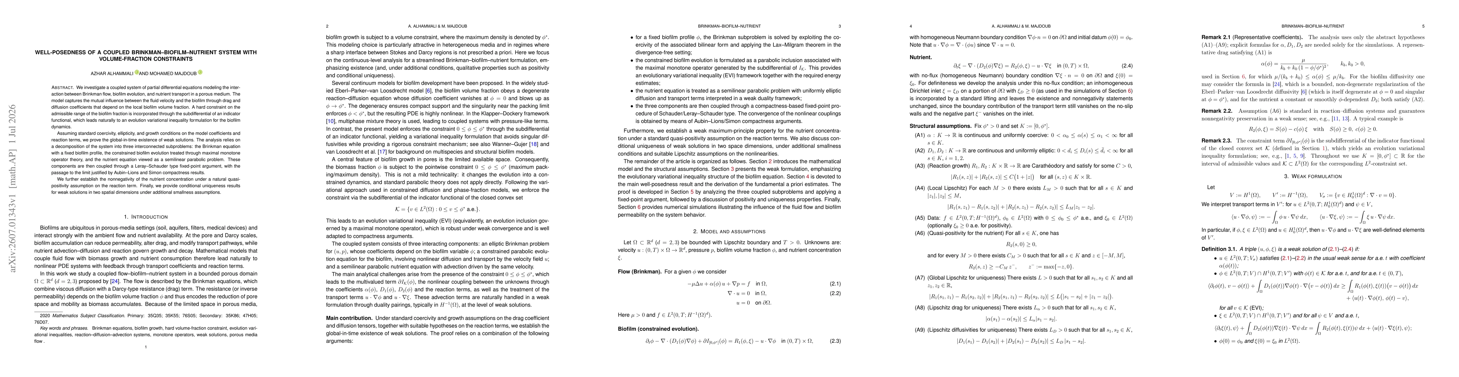 Thumbnail for Well-Posedness of a Coupled Brinkman--Biofilm--Nutrient System with Volume-Fraction Constraints