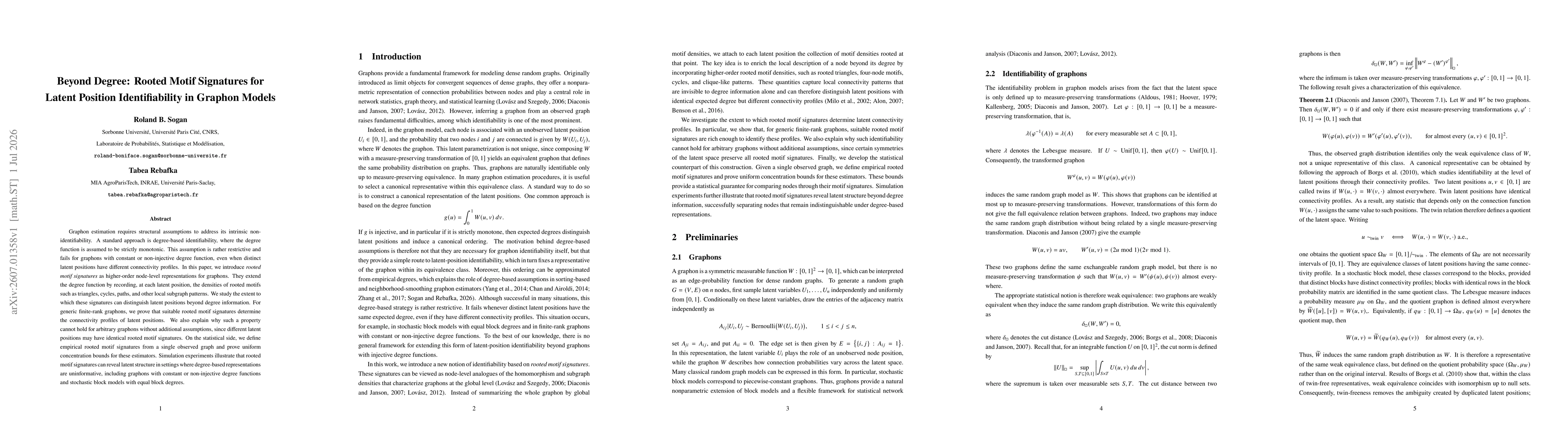 Thumbnail for Beyond Degree: Rooted Motif Signatures for Latent Position Identifiability in Graphon Models