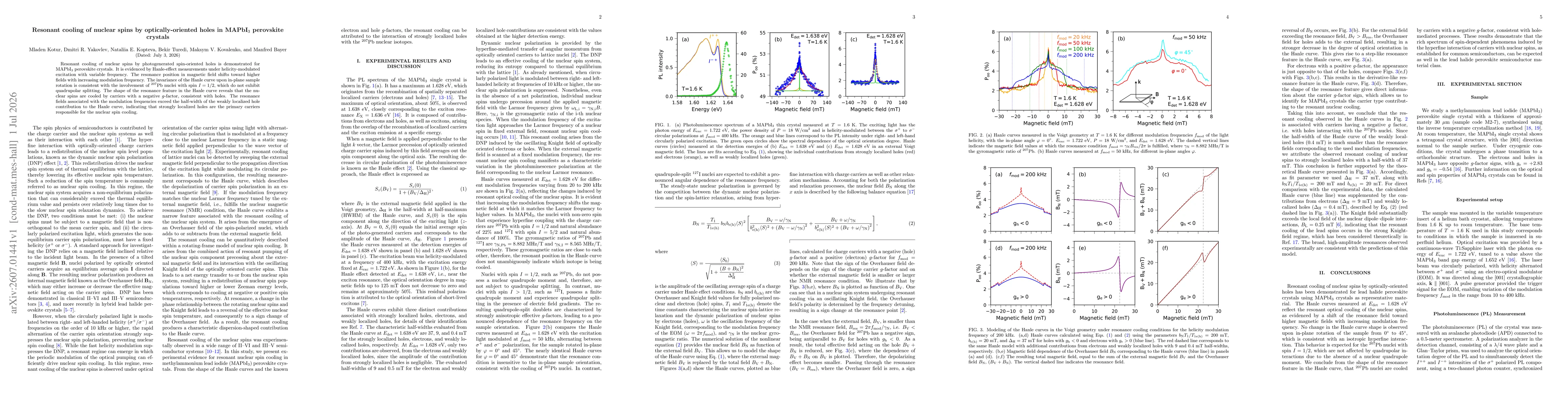 Thumbnail for Resonant cooling of nuclear spins by optically-oriented holes in MAPbI$_3$ perovskite crystals