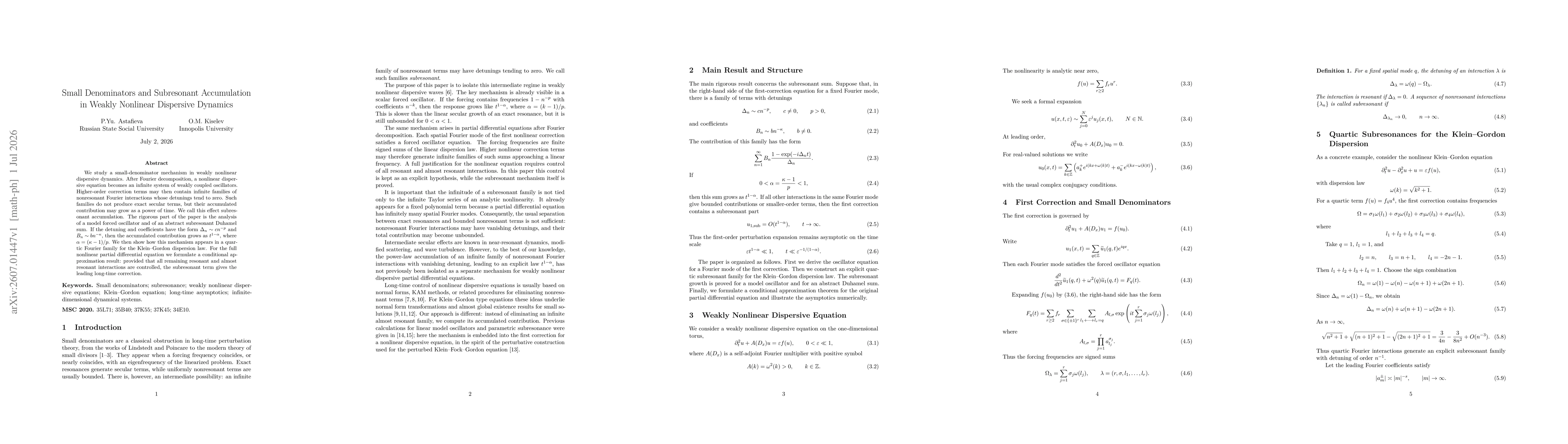 Thumbnail for Small Denominators and Subresonant Accumulation in Weakly Nonlinear Dispersive Dynamics