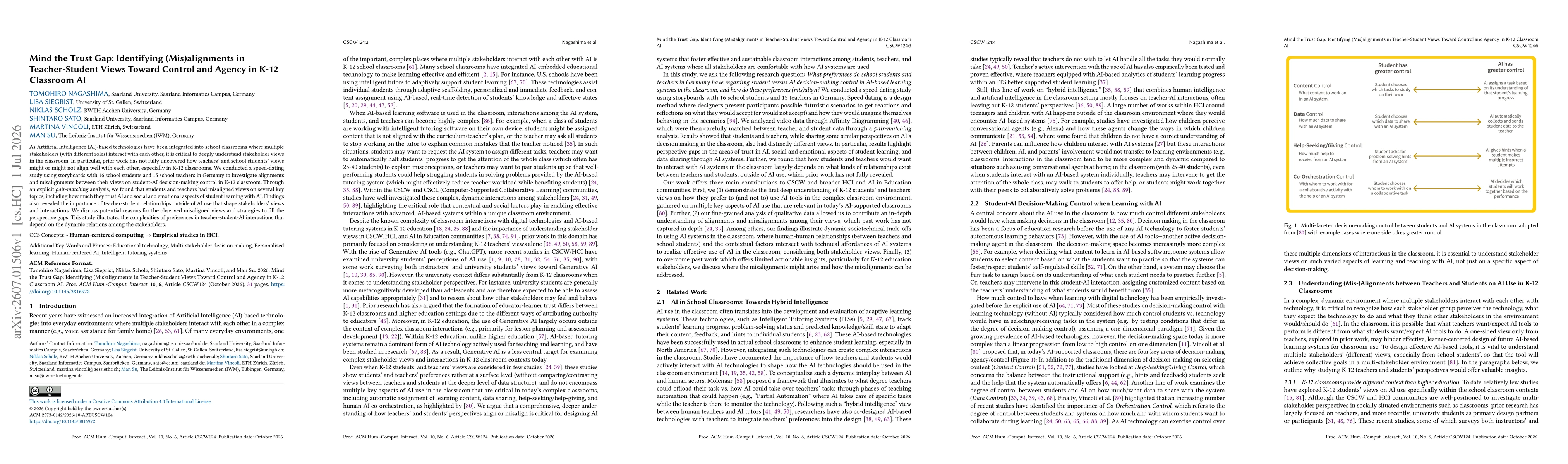 Thumbnail for Mind the Trust Gap: Identifying (Mis)alignments in Teacher-Student Views Toward Control and Agency in K-12 Classroom AI