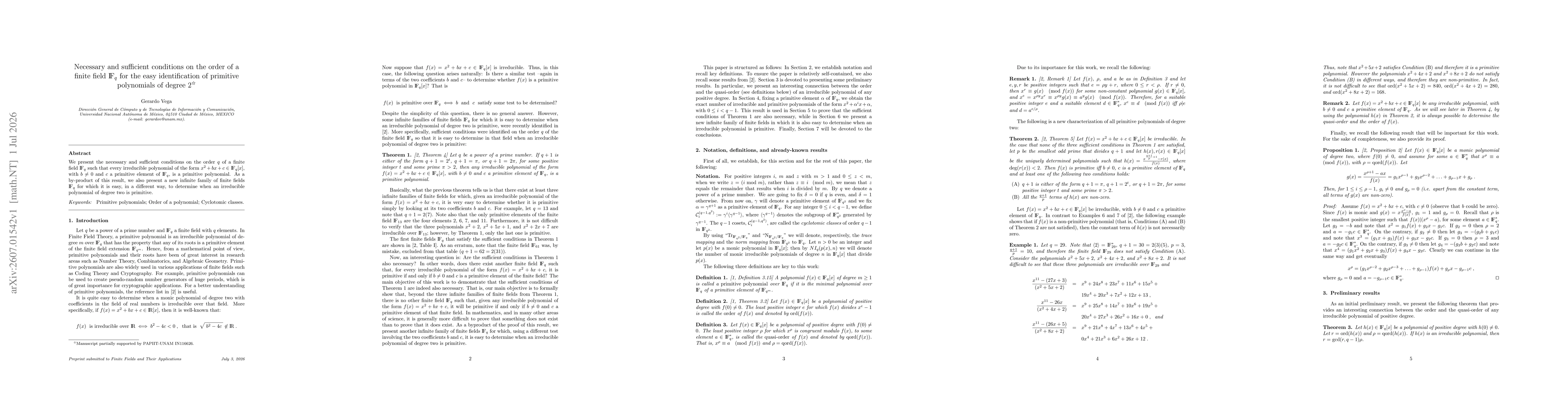 Thumbnail for Necessary and sufficient conditions on the order of a finite field $\mathbb{F}_q$ for the easy identification of primitive polynomials of degree 2