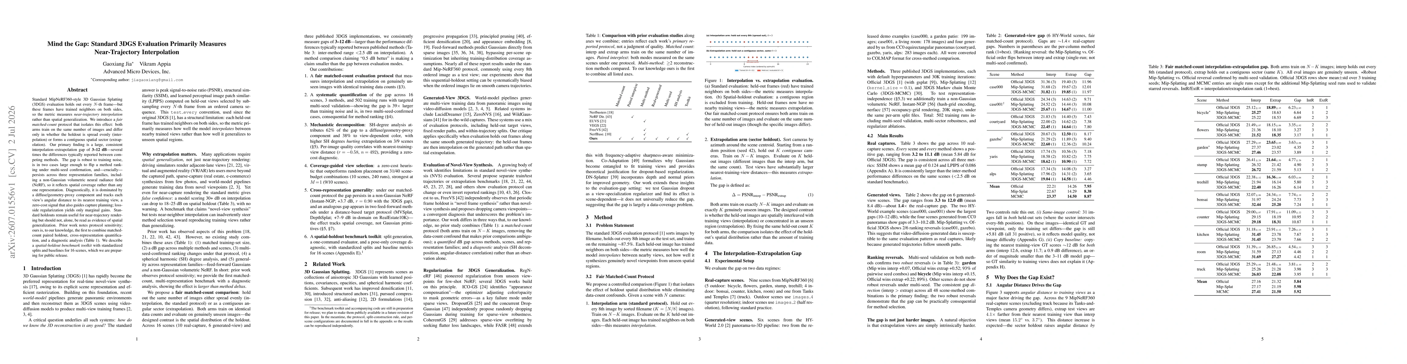 Thumbnail for Mind the Gap: Standard 3DGS Evaluation Primarily Measures Near-Trajectory Interpolation