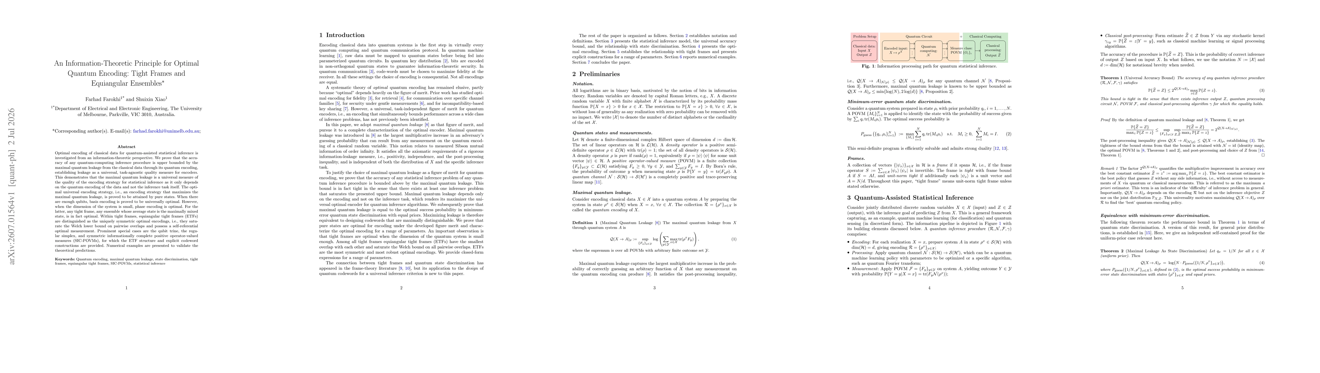 Thumbnail for An Information-Theoretic Principle for Optimal Quantum Encoding: Tight Frames and Equiangular Ensembles