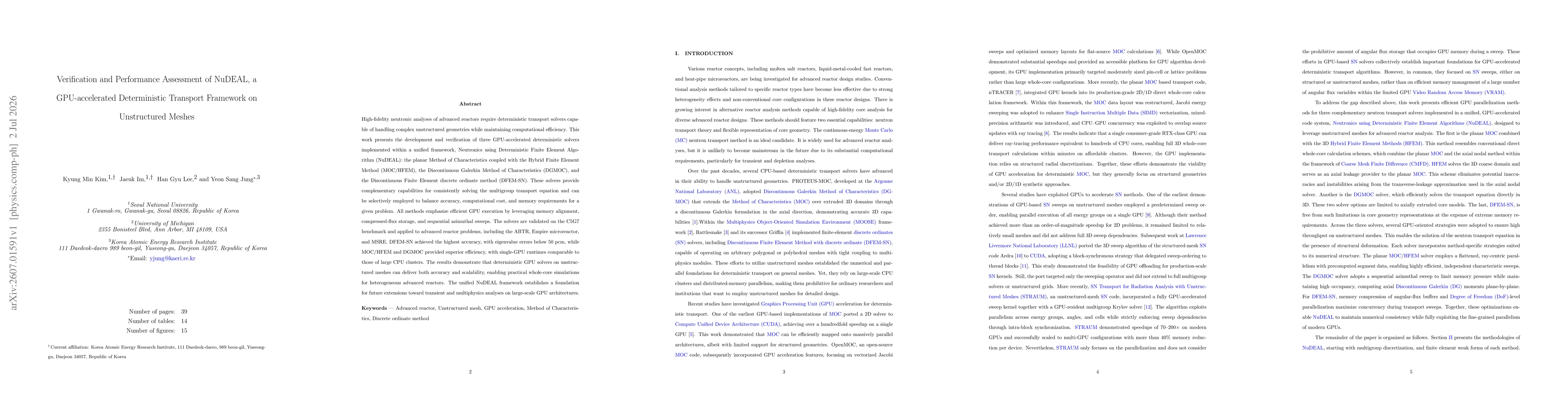 Thumbnail for Verification and Performance Assessment of NuDEAL, a GPU-Accelerated Deterministic Transport Framework on Unstructured Meshes