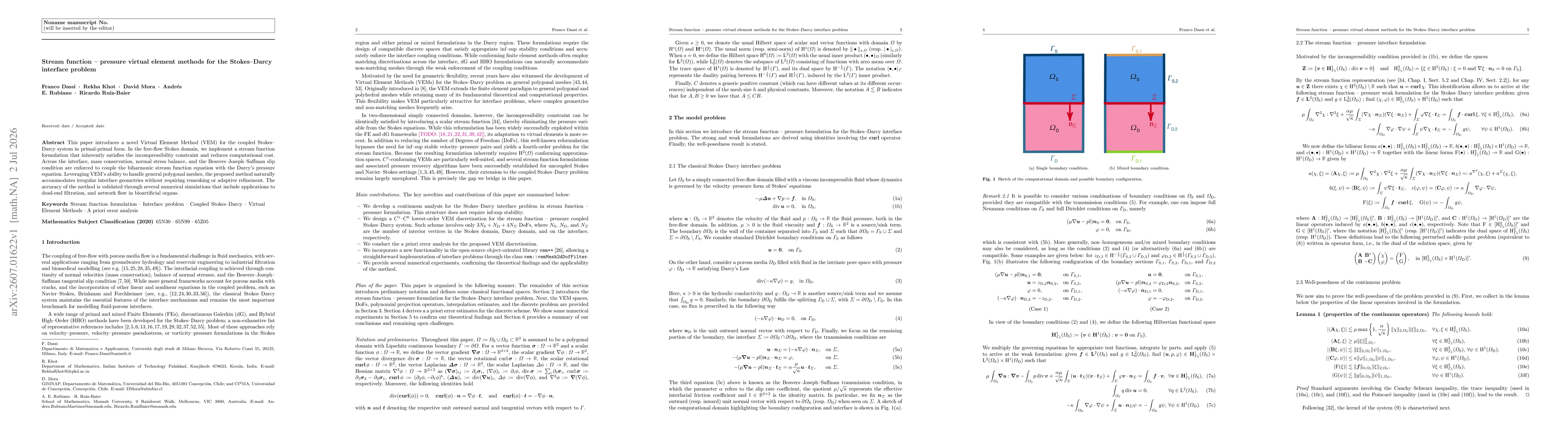 Thumbnail for Stream function -- pressure virtual element methods for the Stokes--Darcy interface problem