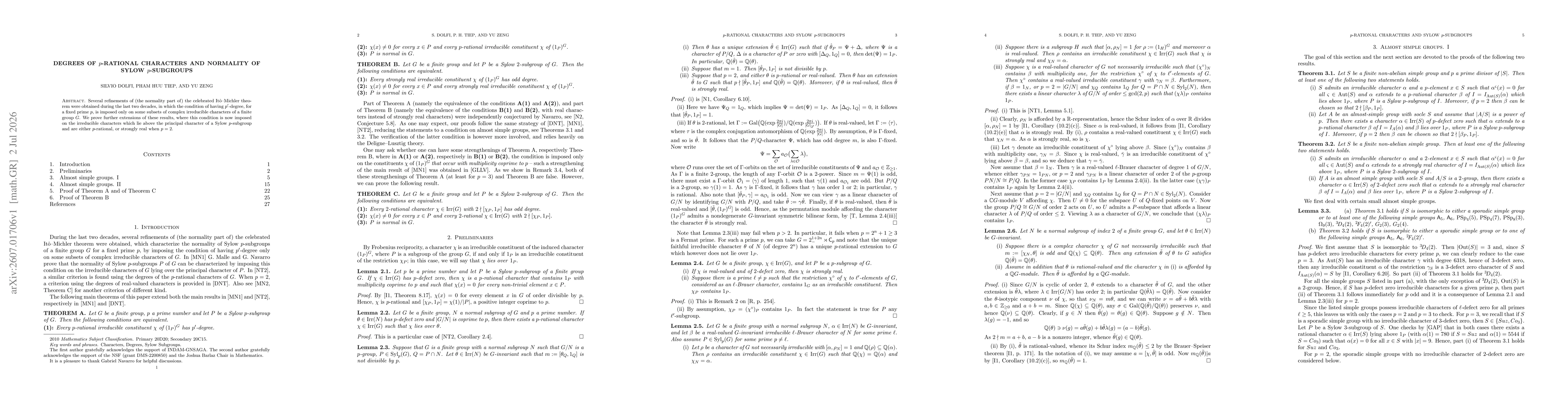 Thumbnail for Degrees of $p$-rational characters and normality of Sylow $p$-subgroups