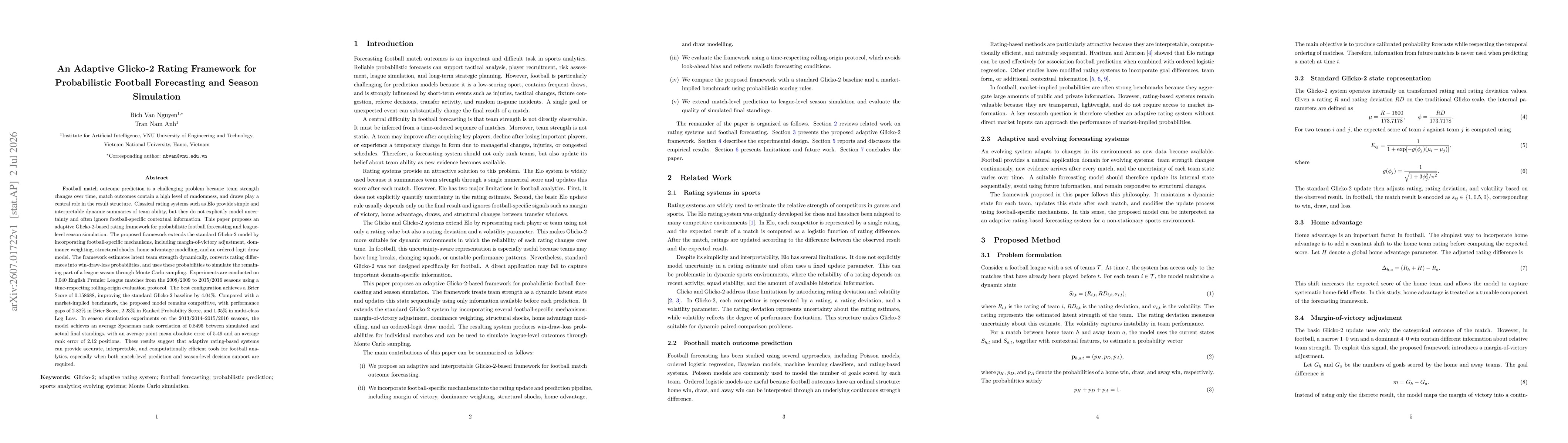 Thumbnail for An Adaptive Glicko-2 Rating Framework for Probabilistic Football Forecasting and Season Simulation