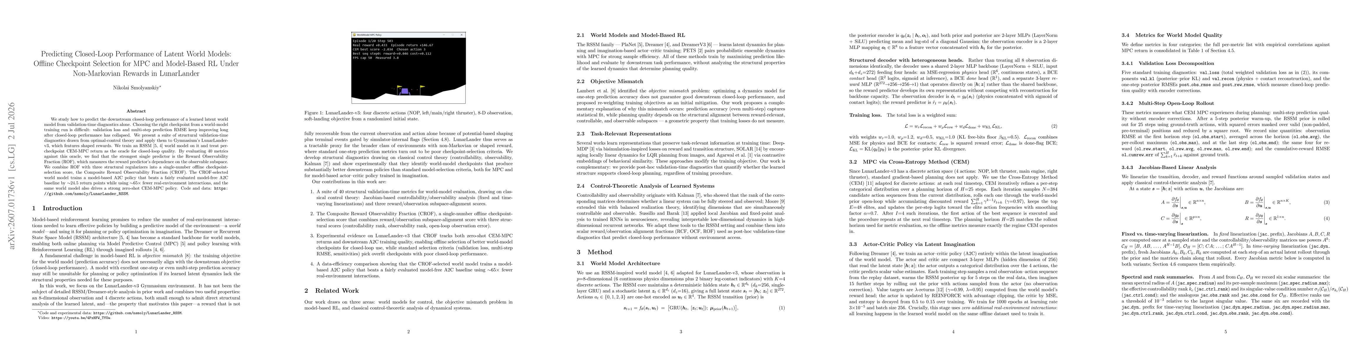 Thumbnail for Predicting Closed-Loop Performance of Latent World Models: Offline Checkpoint Selection for MPC and Model-Based RL Under Non-Markovian Rewards in LunarLander