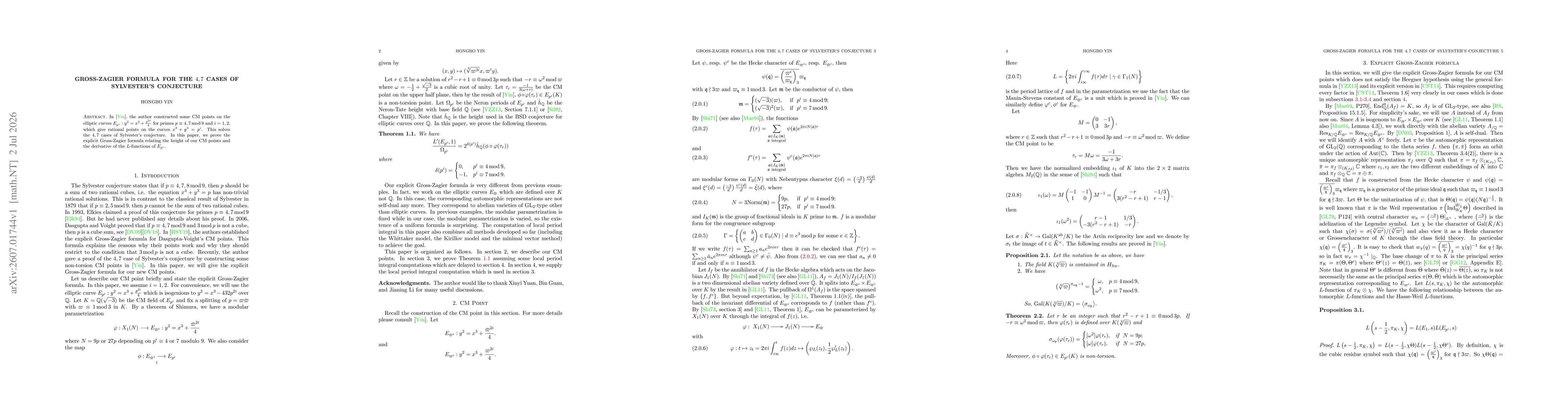 Thumbnail for Gross-Zagier formula for the $4, 7$ cases of Sylvester's conjecture