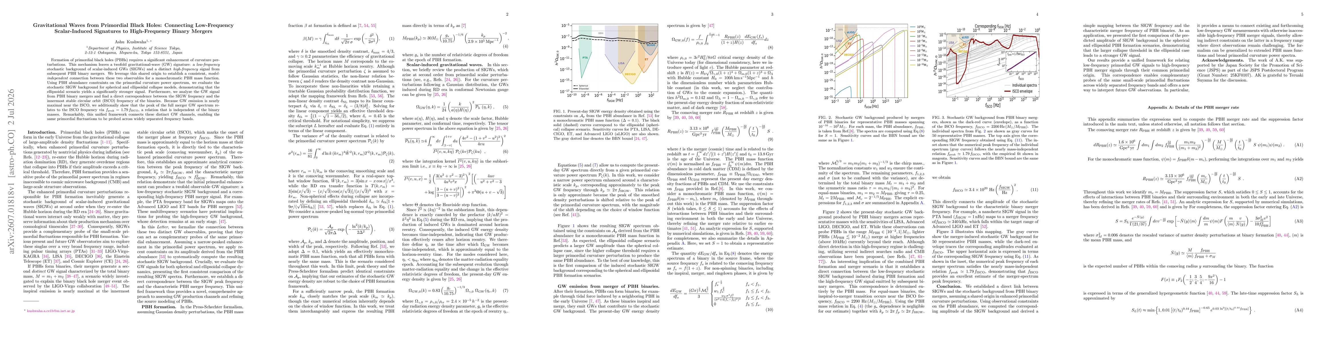 Thumbnail for Gravitational Waves from Primordial Black Holes: Connecting Low-Frequency Scalar-Induced Signatures to High-Frequency Binary Mergers