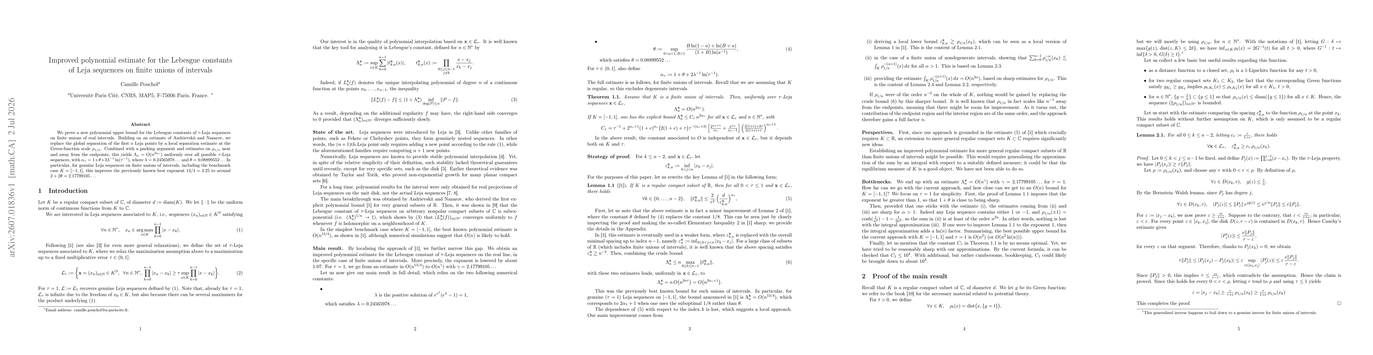 Thumbnail for Improved polynomial estimate for the Lebesgue constants of Leja sequences on finite unions of intervals
