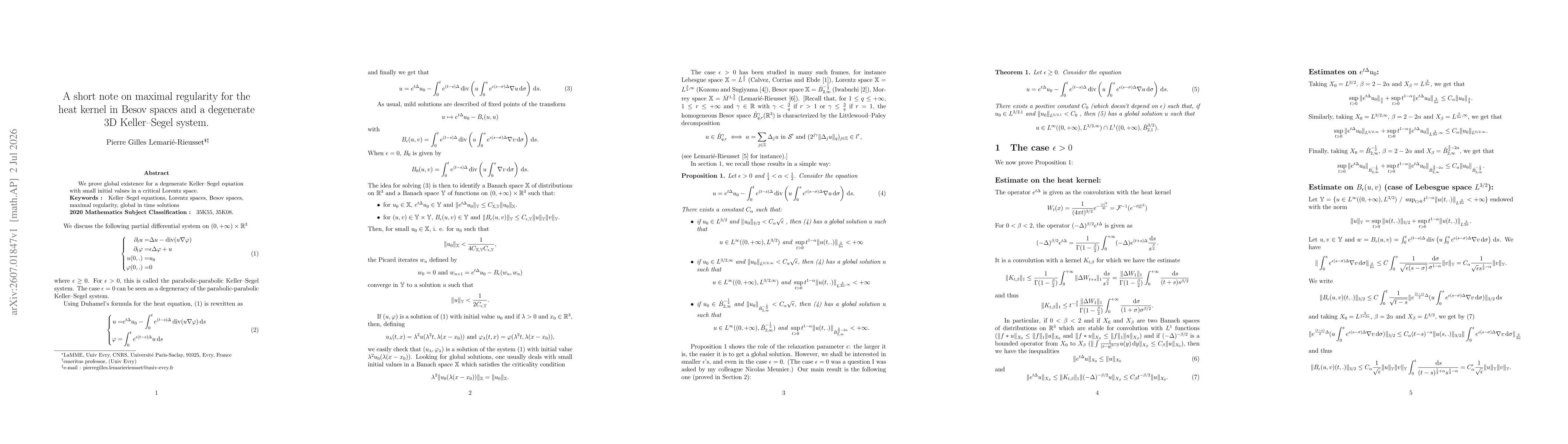 Thumbnail for A short note on maximal regularity for the heat kernel in Besov spaces and a degenerate 3D Keller-Segel system