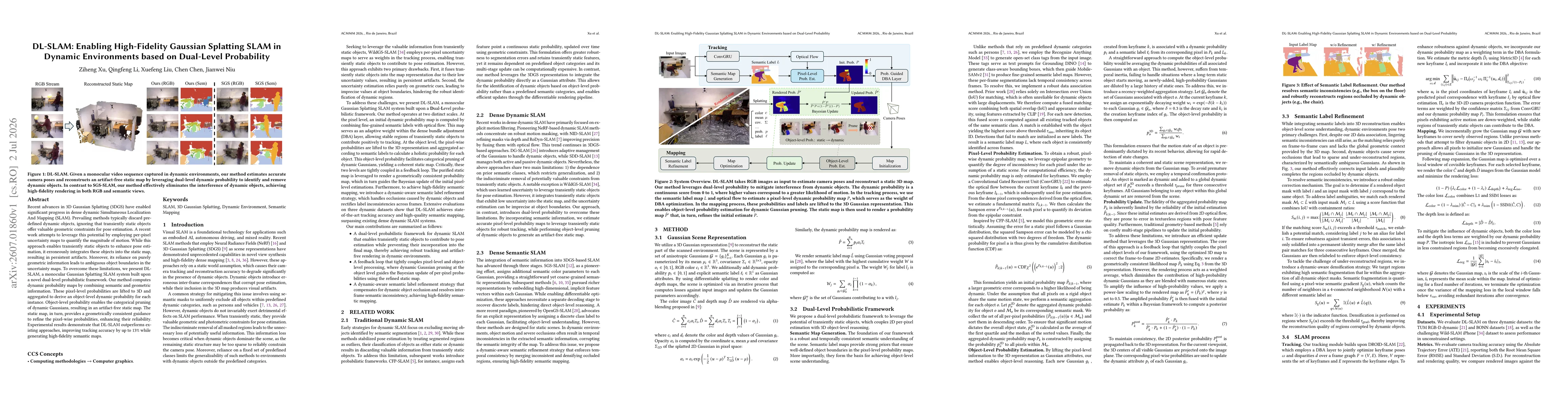 Thumbnail for DL-SLAM: Enabling High-Fidelity Gaussian Splatting SLAM in Dynamic Environments based on Dual-Level Probability