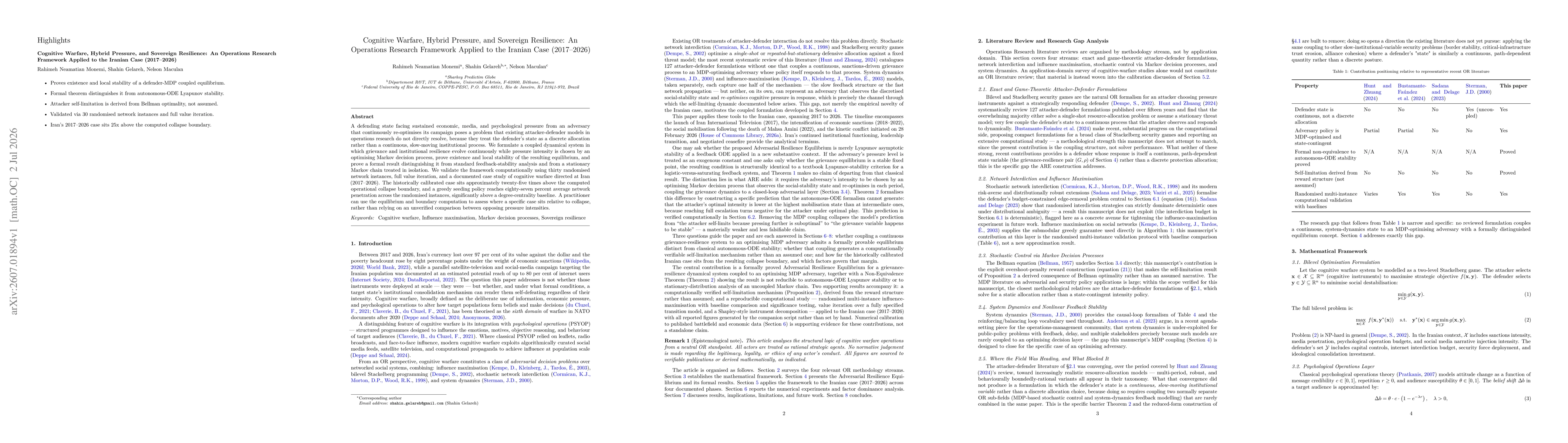 Thumbnail for Cognitive Warfare, Hybrid Pressure, and Sovereign Resilience: An Operations Research Framework Applied to the Iranian Case (2017--2026)