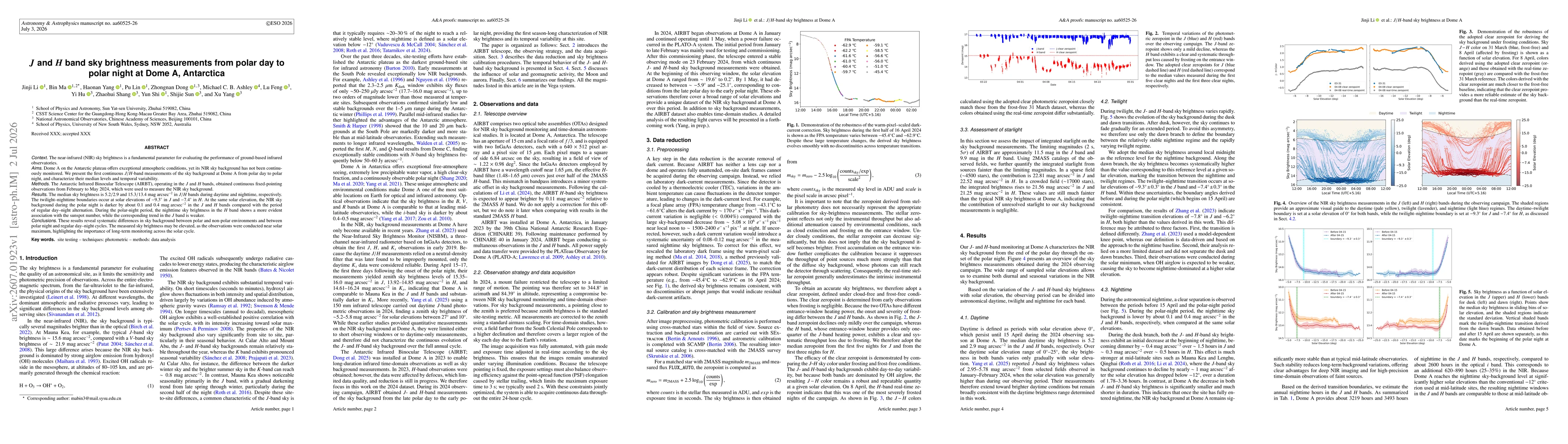 Thumbnail for $J$ and $H$ band sky brightness measurements from polar day to polar night at Dome A, Antarctica