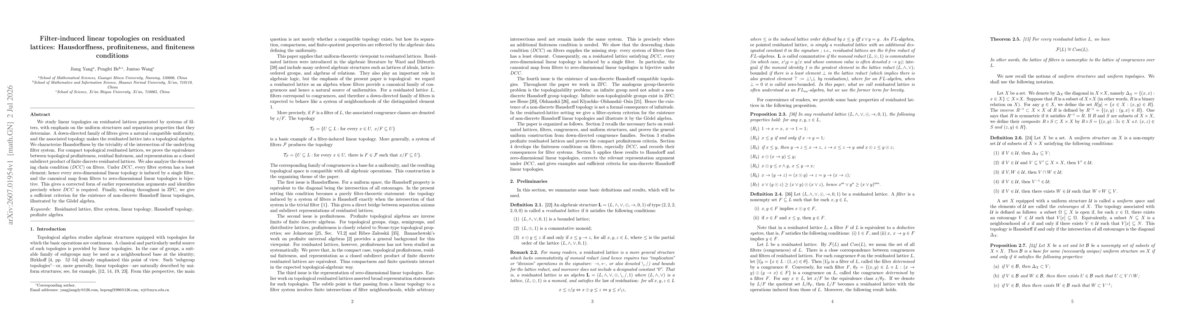 Thumbnail for Filter-induced linear topologies on residuated lattices: Hausdorffness, profiniteness, and finiteness conditions