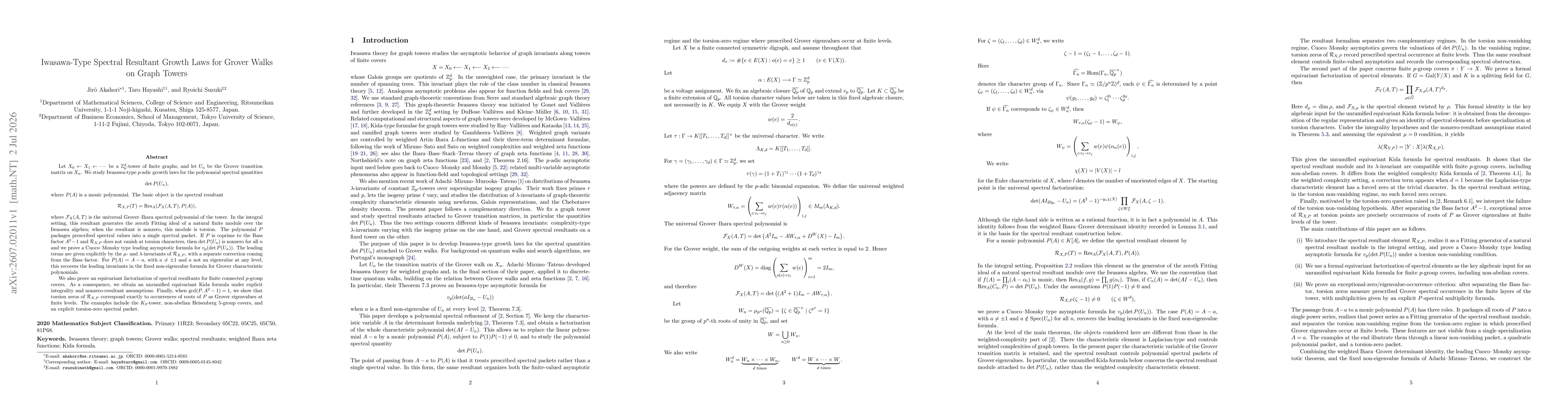 Thumbnail for Iwasawa-Type Spectral Resultant Growth Laws for Grover Walks on Graph Towers