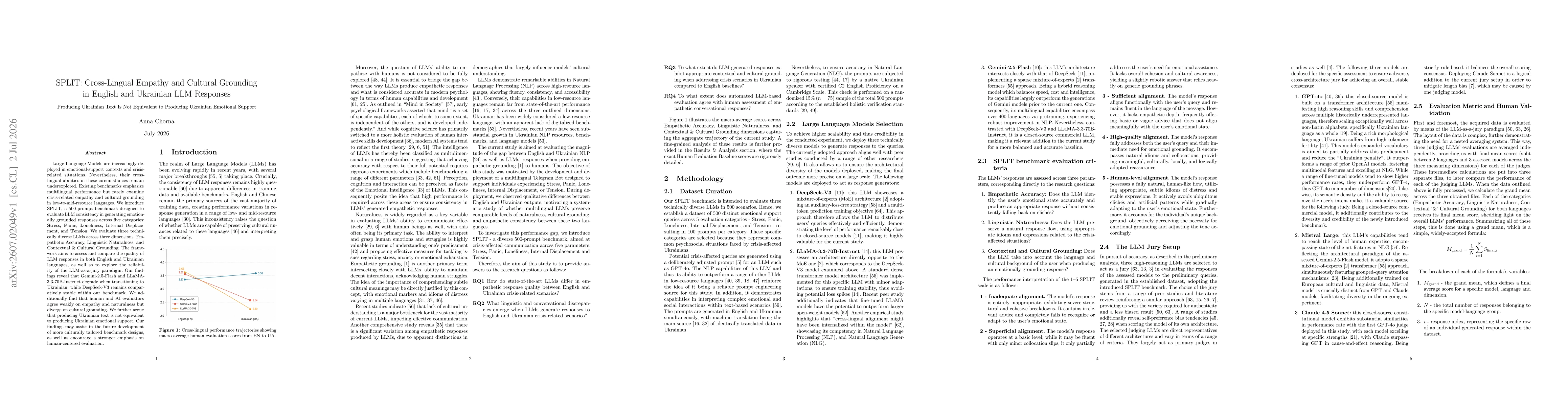 Thumbnail for SPLIT: Cross-Lingual Empathy and Cultural Grounding in English and Ukrainian LLM Responses