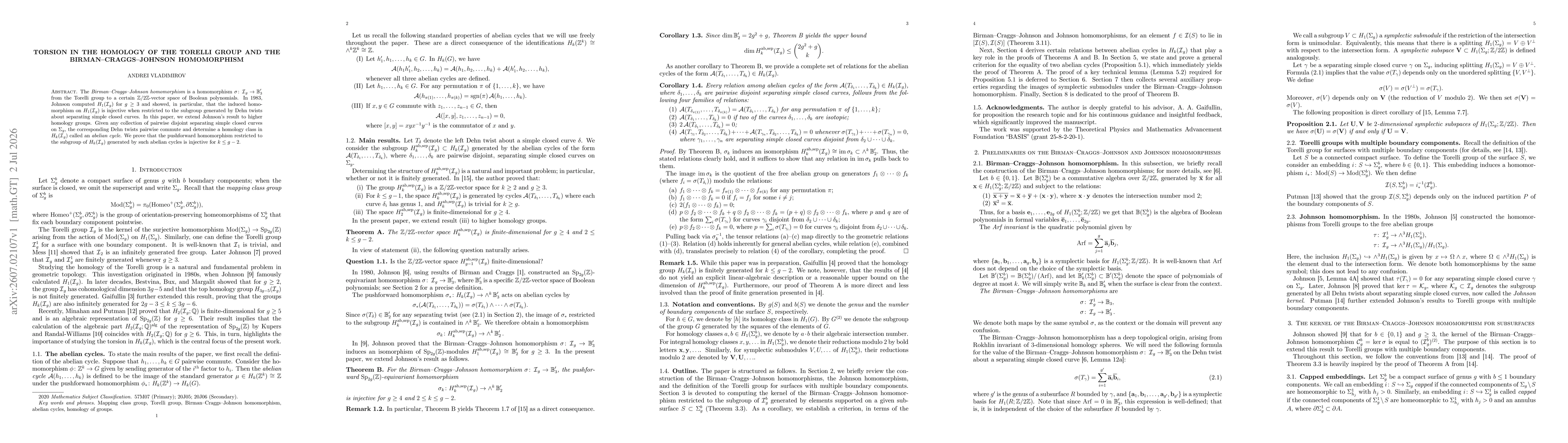 Thumbnail for Torsion in the homology of the Torelli group and the Birman-Craggs-Johnson homomorphism