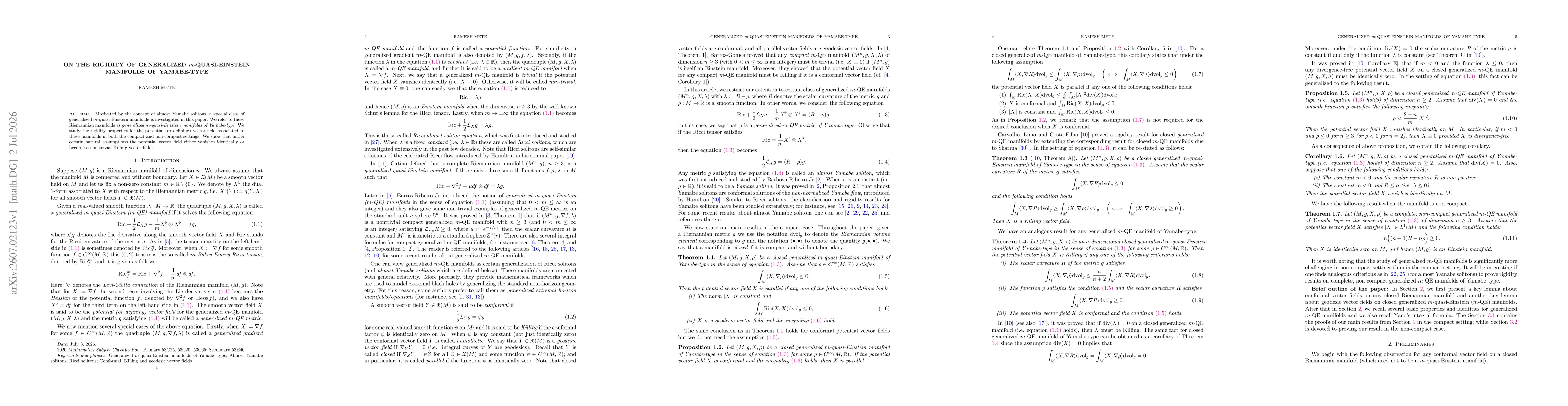Thumbnail for On the rigidity of generalized $m$-quasi-Einstein manifolds of Yamabe-type
