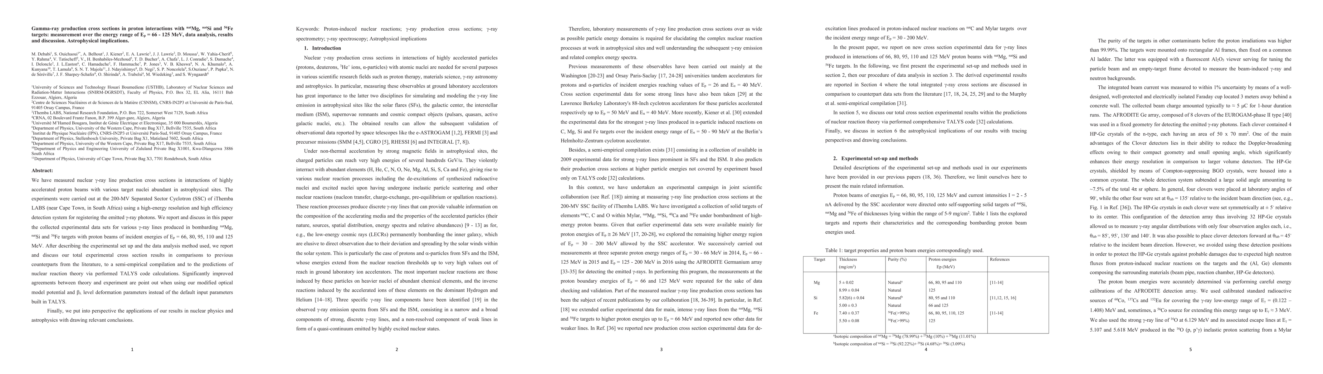 Thumbnail for Gamma-ray production cross sections in proton interactions with natMg, natSi and 56Fe targets: measurement over the energy range of $E_p = 66$-125 MeV, data analysis, results and discussion. Astrophysical implications