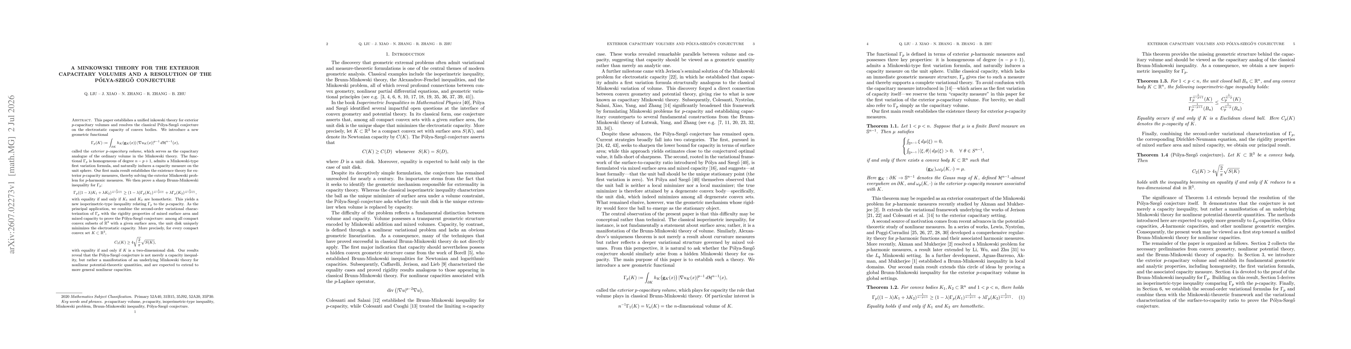 Thumbnail for A Minkowski Theory for the Exterior Capacitary Volumes and A Resolution of the Pólya-Szegö Conjecture